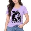 Female fashion model wearing a lavender T-shirt featuring a black-and-white anime-style woman with Japanese-inspired typography and the quote “The deepest conversations happen without words.”