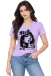 Female fashion model wearing a lavender T-shirt featuring a black-and-white anime-style woman with Japanese-inspired typography and the quote “The deepest conversations happen without words.”
