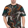 Abstract Marble Print T-Shirt – Multicolor Streetwear Male model wearing a multicolor abstract marble-print crew-neck T-shirt with orange, teal, red, white, and charcoal patterns.