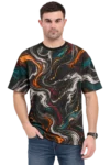 Abstract Marble Print T-Shirt – Multicolor Streetwear Male model wearing a multicolor abstract marble-print crew-neck T-shirt with orange, teal, red, white, and charcoal patterns.