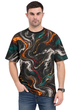 Abstract Marble Print T-Shirt – Multicolor Streetwear Male model wearing a multicolor abstract marble-print crew-neck T-shirt with orange, teal, red, white, and charcoal patterns.