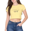 Female fashion model wearing a pale yellow cropped T-shirt with the quote “In Search of You, I Found Myself” paired with denim shorts.