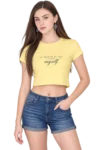 Female fashion model wearing a pale yellow cropped T-shirt with the quote “In Search of You, I Found Myself” paired with denim shorts.