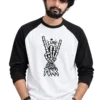 I Love Punk Raglan T-Shirt – Product Feature Young male model wearing a loose black and white raglan T-shirt featuring a skeleton hand punk graphic with “I LOVE PUNK” design