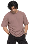 Male fashion model wearing a loose dusty mauve oversized T-shirt with curly black hair and dark cargo pants