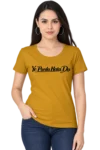 Ye Parda Hata Do – Mustard Yellow Women’s T-Shirt Female model wearing a mustard yellow T-shirt featuring the Hindi-inspired phrase “Ye Parda Hata Do” in black script lettering.