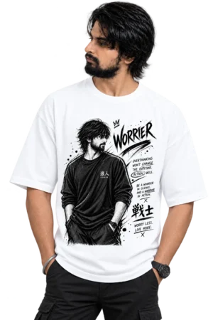 A bold oversized white T-shirt featuring a gritty, hand-sketched warrior illustration with “WORRIER” typography, Japanese-inspired calligraphy, ink textures, and motivational statements. Designed for those who turn their worries into action and choose to keep moving forward.