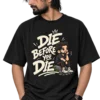 Die Before You Die – Graphic T-Shirt Model Male model wearing an oversized black T-shirt featuring a bold cream “Die Before You Die” graphic with a thoughtful cartoon character.